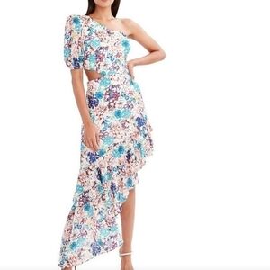BCBGMAXARIA One Shoulder Asymmetric Floral Dress, Cutout, Size Small